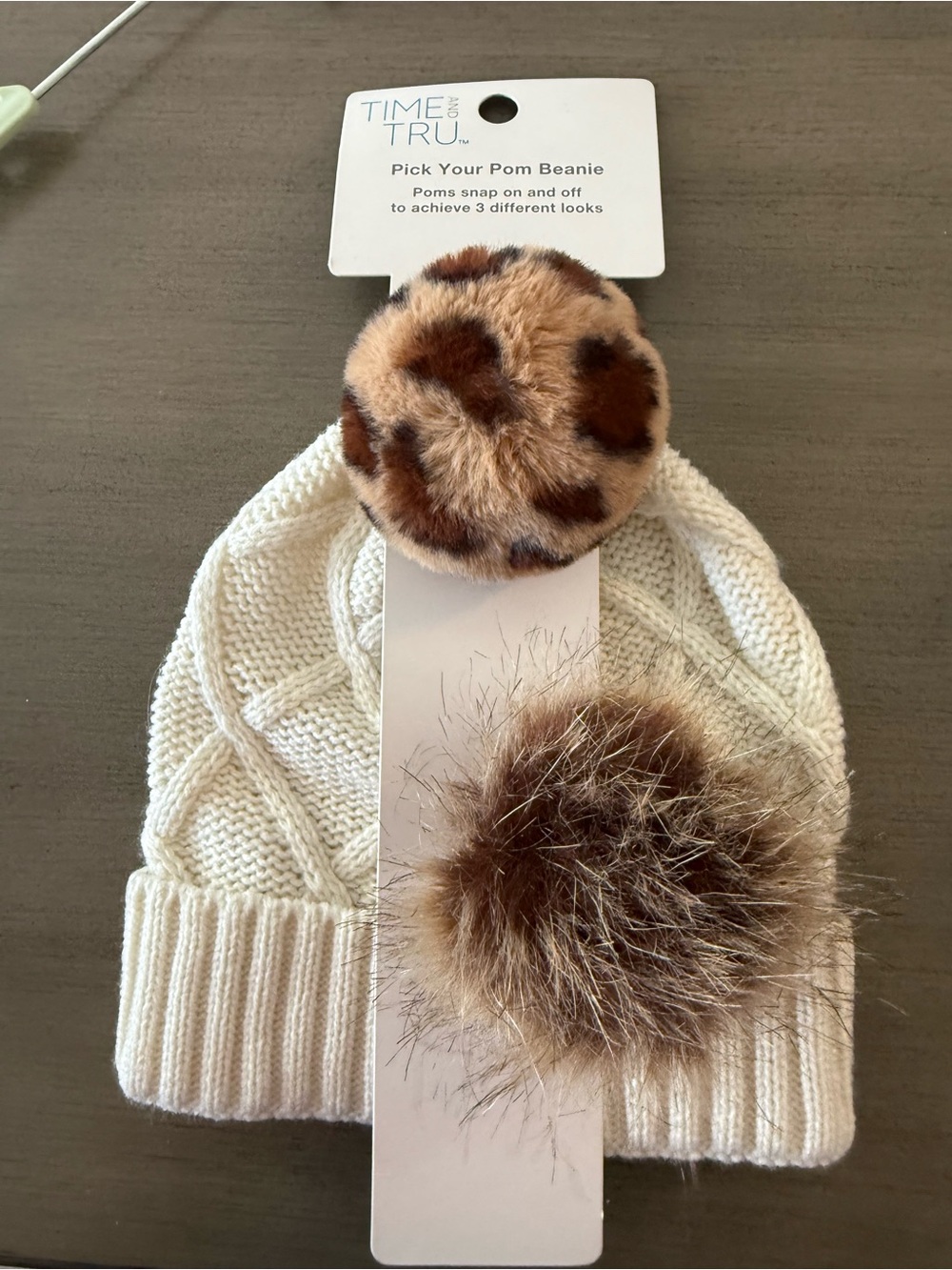 Cream Knit Beanie with interchangeable Brown Faux Fur Poms